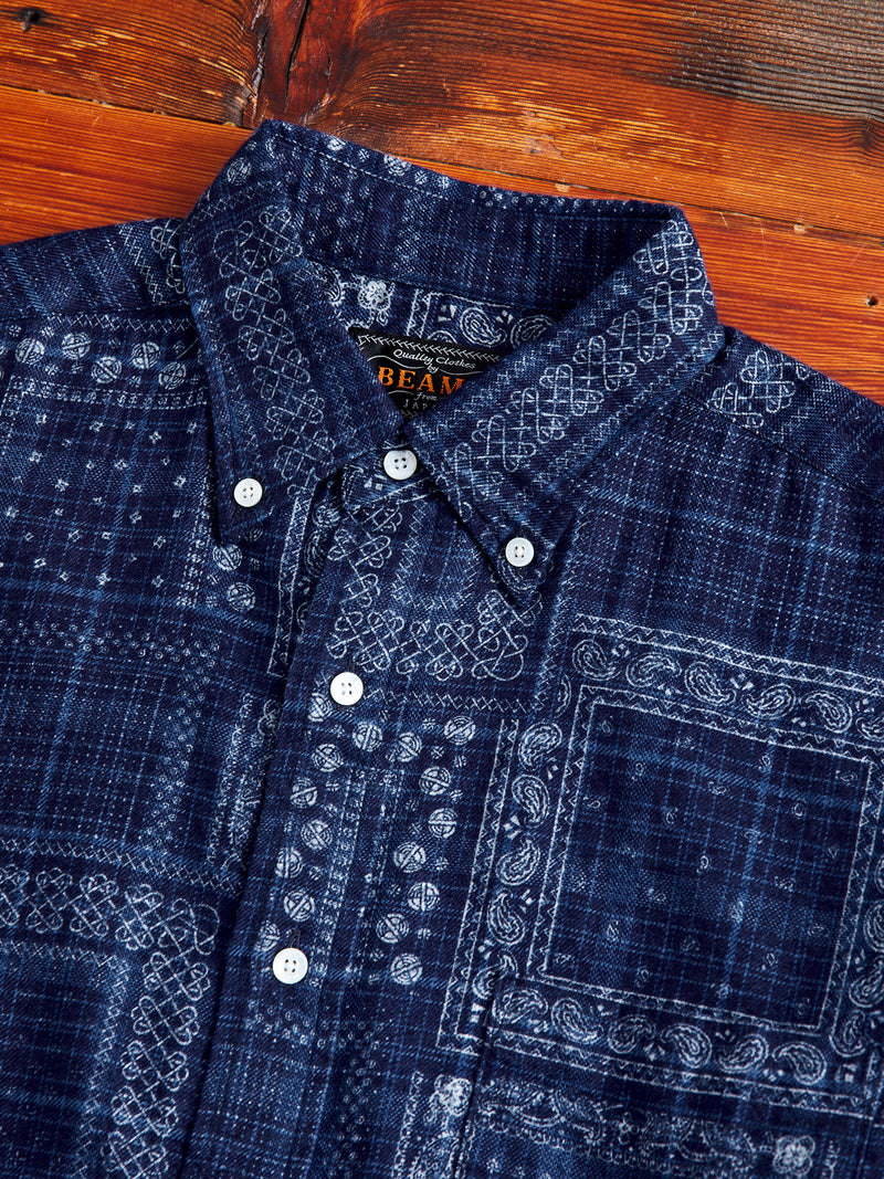 Discharge Print Button-Down Shirt in Indigo