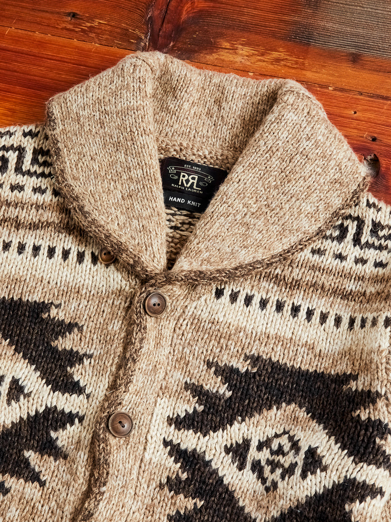 Linen-Silk Shawl Collar Cardigan in Brown Tan Multi
