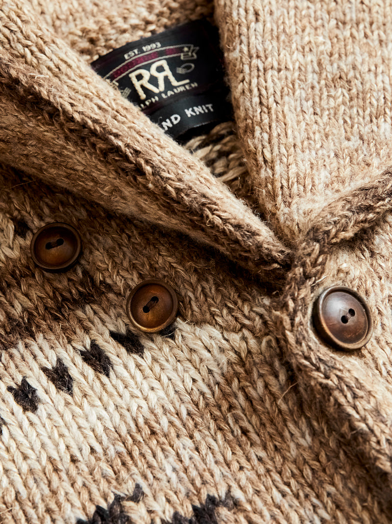 Linen-Silk Shawl Collar Cardigan in Brown Tan Multi