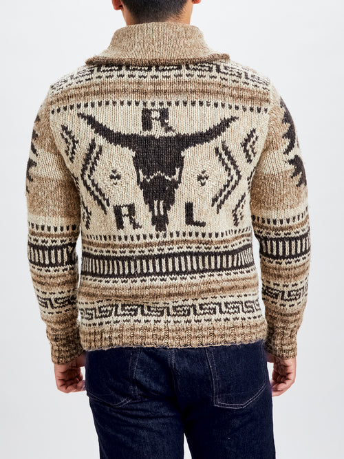 Linen-Silk Shawl Collar Cardigan in Brown Tan Multi