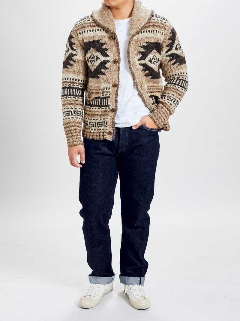 Linen-Silk Shawl Collar Cardigan in Brown Tan Multi