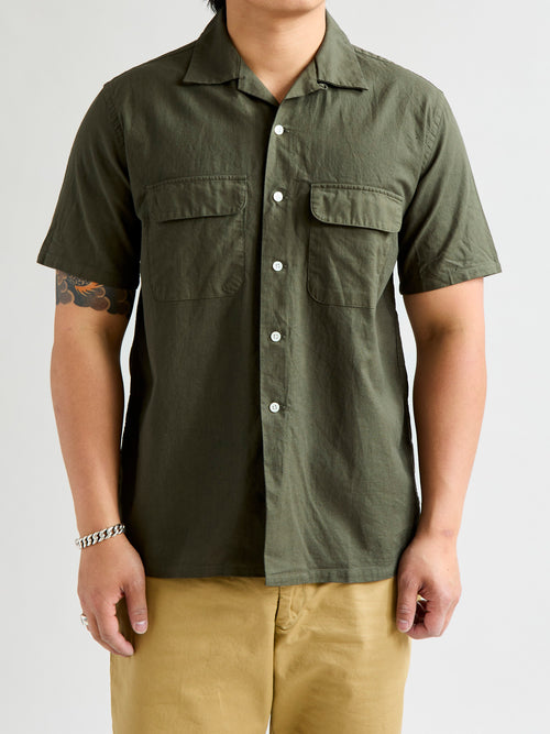 Panama Cloth Open Collar Shirt in Olive