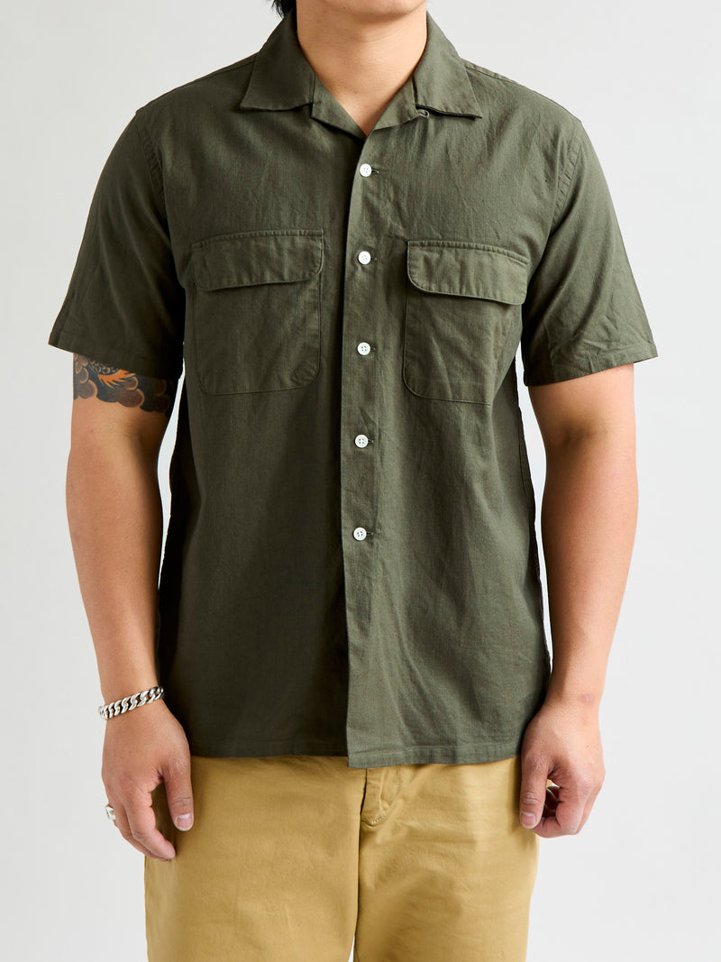 Panama Cloth Open Collar Shirt in Olive