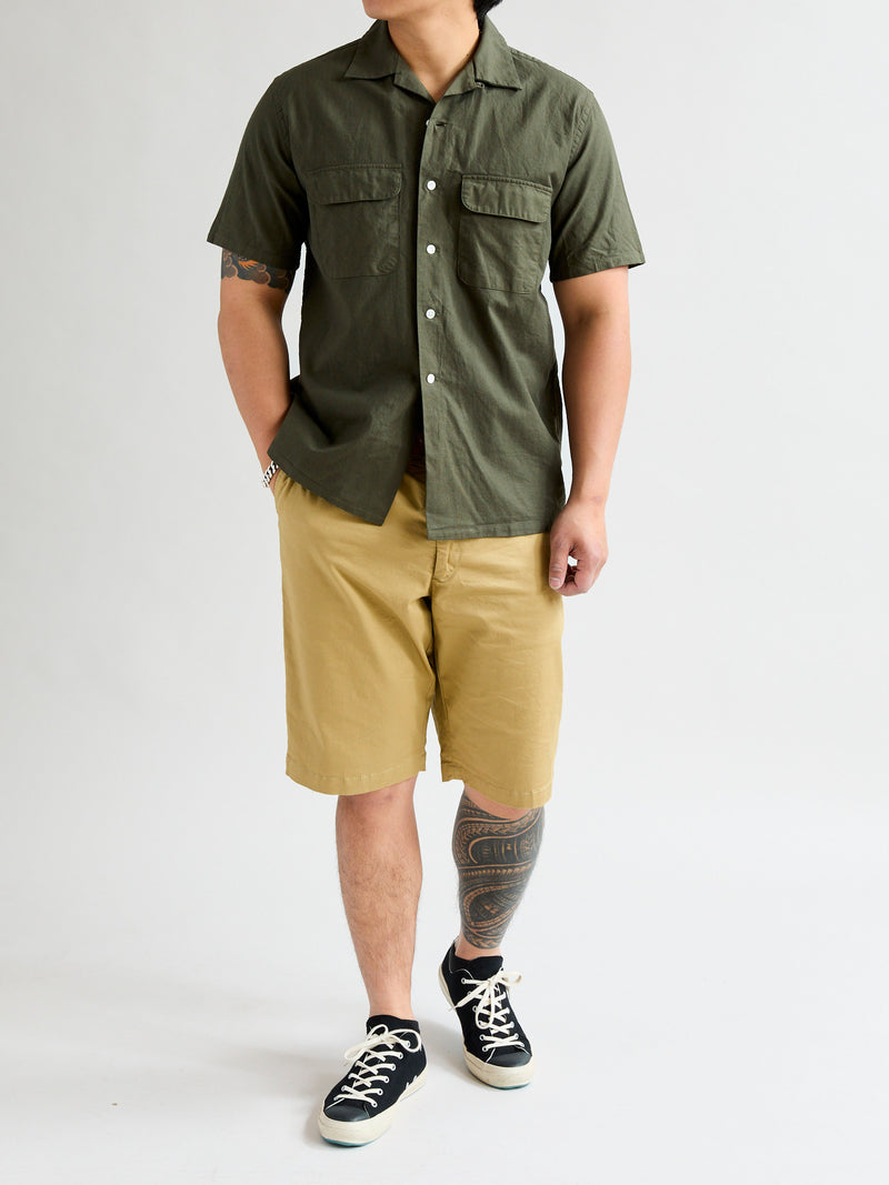 Panama Cloth Open Collar Shirt in Olive