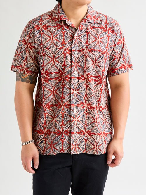 Indian Block Print Open Collar Shirt in Vermillion