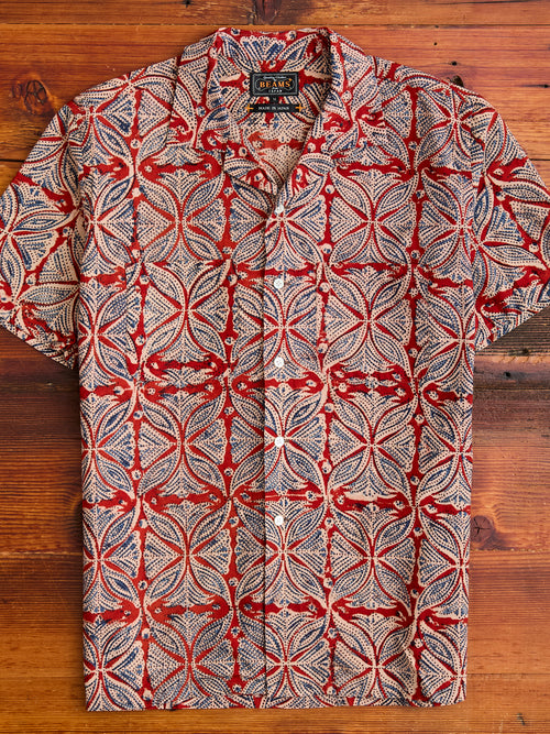 Indian Block Print Open Collar Shirt in Vermillion