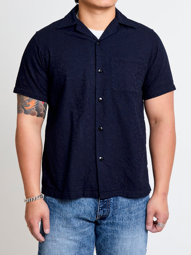 Jacquard Open Collar Shirt in Indigo Arabesque
