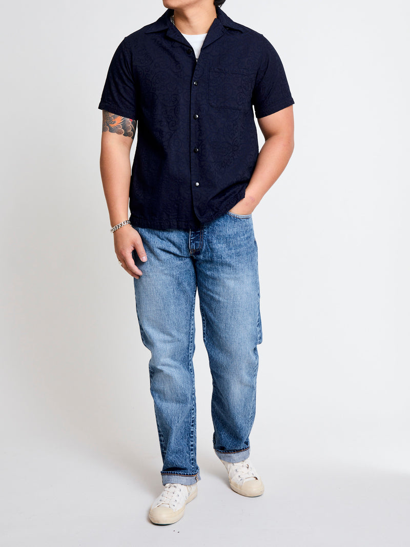 Jacquard Open Collar Shirt in Indigo Arabesque