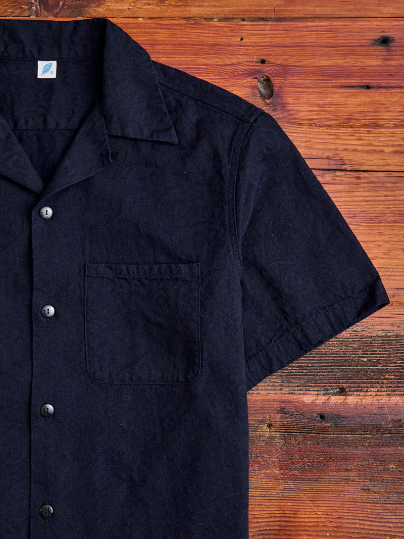 Jacquard Open Collar Shirt in Indigo Arabesque