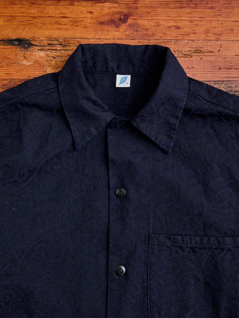 Jacquard Open Collar Shirt in Indigo Arabesque