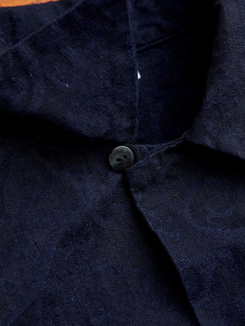 Jacquard Open Collar Shirt in Indigo Arabesque