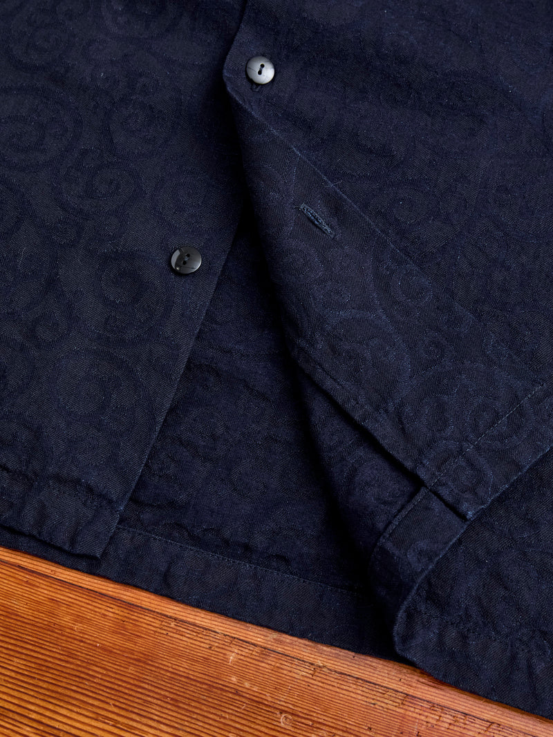 Jacquard Open Collar Shirt in Indigo Arabesque