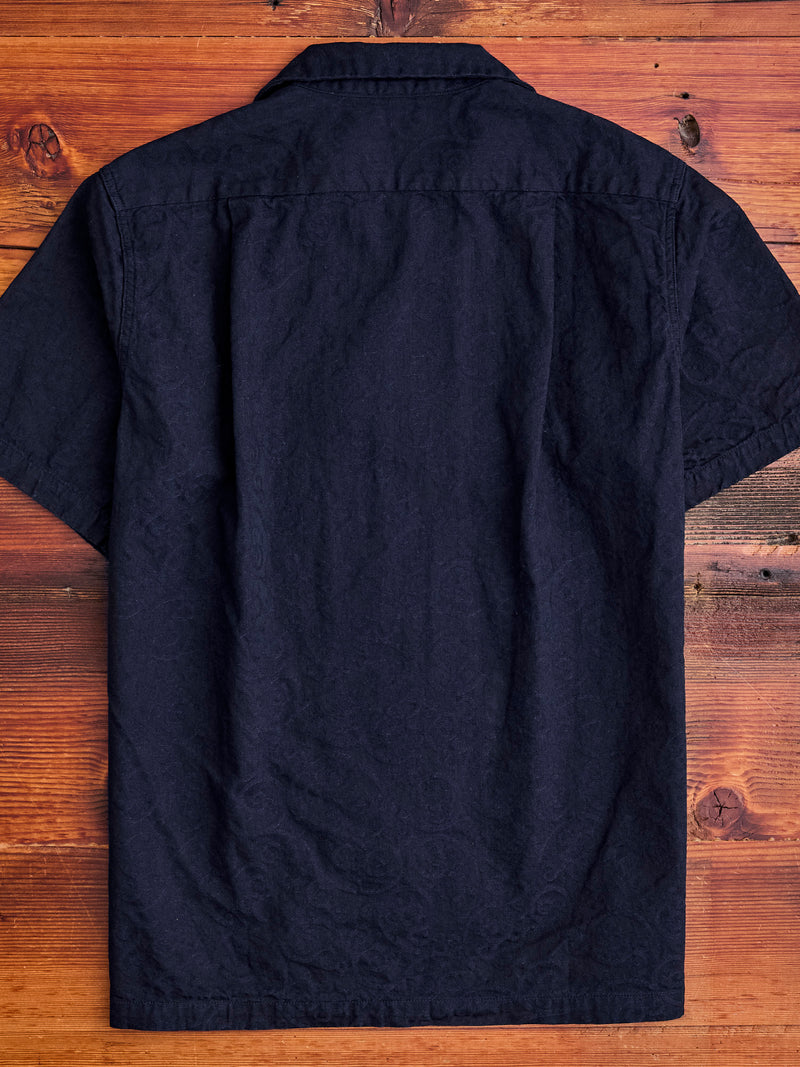 Jacquard Open Collar Shirt in Indigo Arabesque