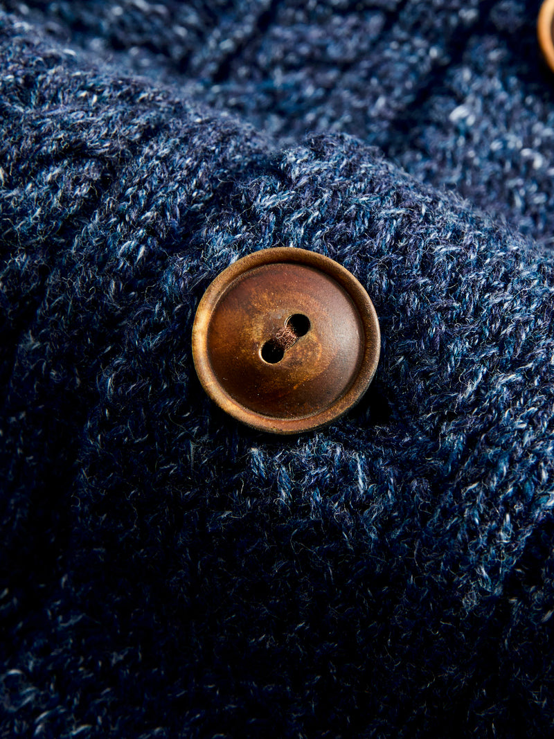 Aran-Knit Shawl Collar Cardigan in Navy Heather