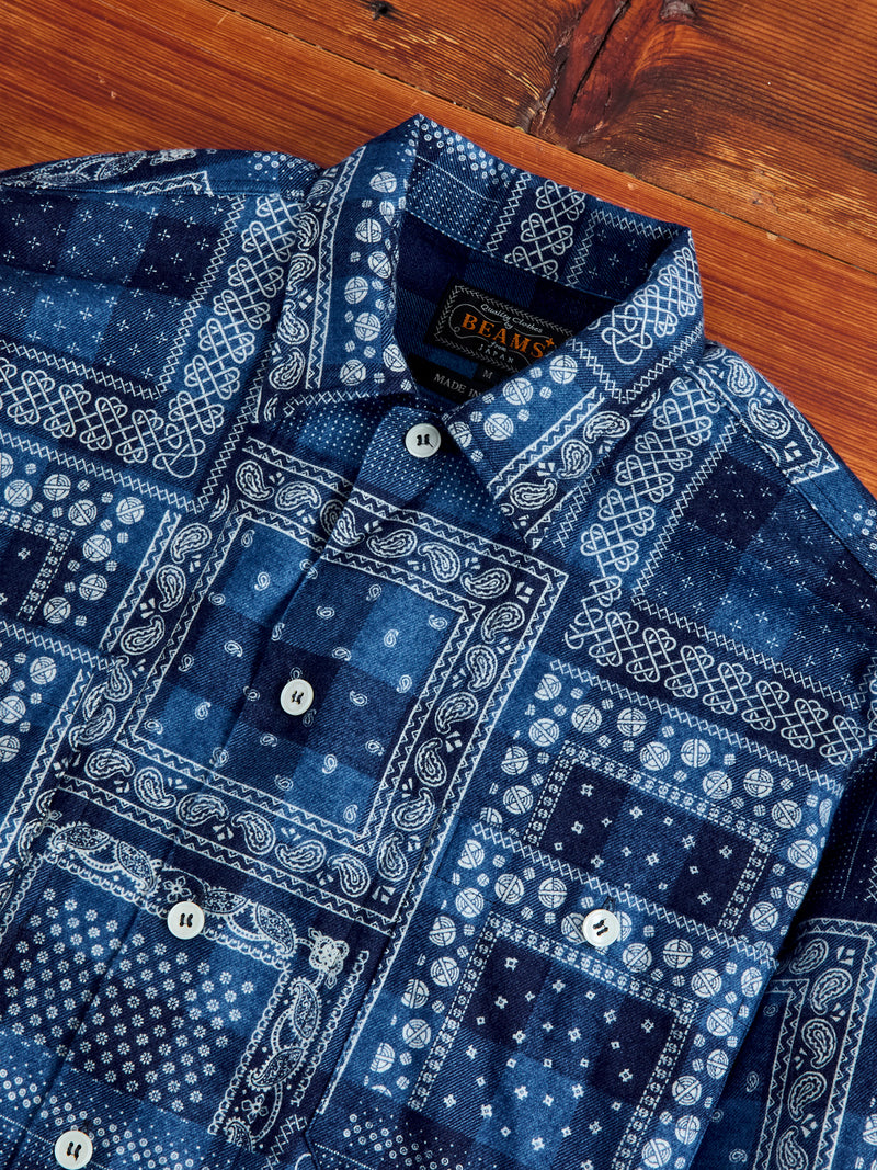 MIL Open Collar Discharge Print Shirt in Indigo