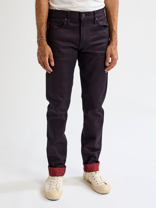 "Etched" 13oz Bordeaux Weft Stretch Selvedge Denim - Pen Slim