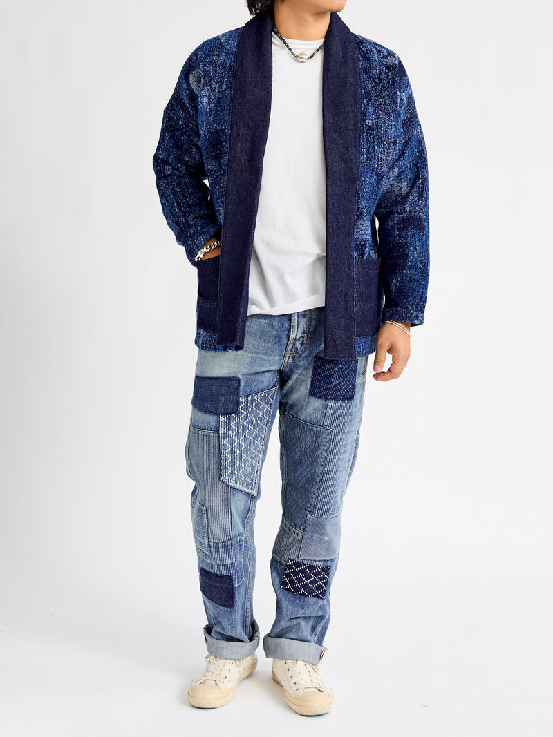 Jacquard Boro Haori Jacket in Indigo Rinse