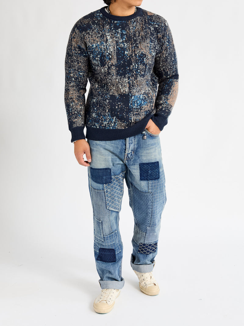 "Boro" Knit Crewneck Sweater in Navy