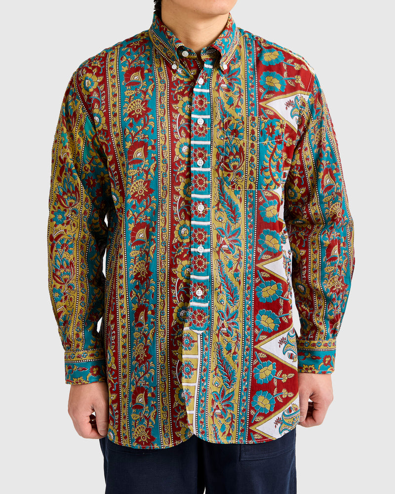 19th Century Button-Down Shirt in Jade Khaki Floral Stripe