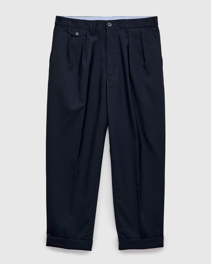 2-Pleat Tropical Wool Trousers in Dark Navy