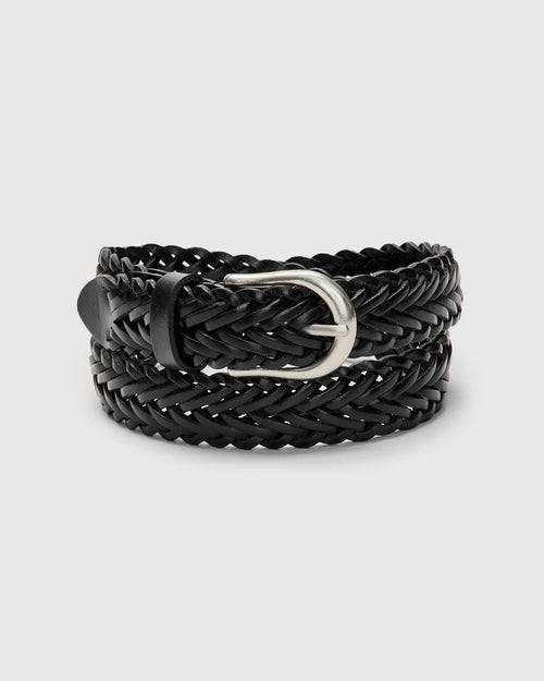 Braided Leather Mesh Belt in Black