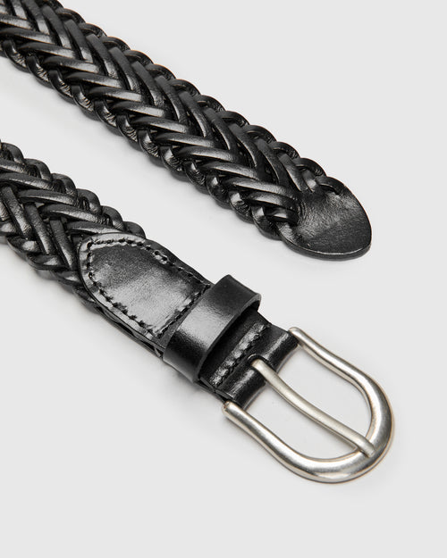 Braided Leather Mesh Belt in Black