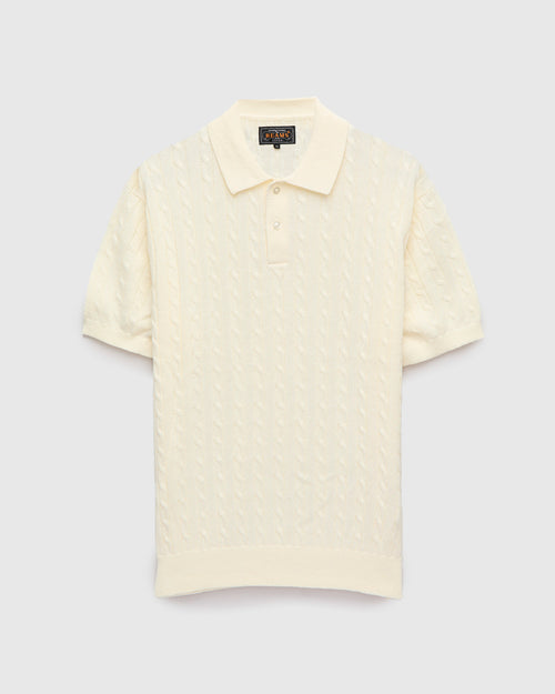 Cable Knit Polo Short Sleeve Sweater in White