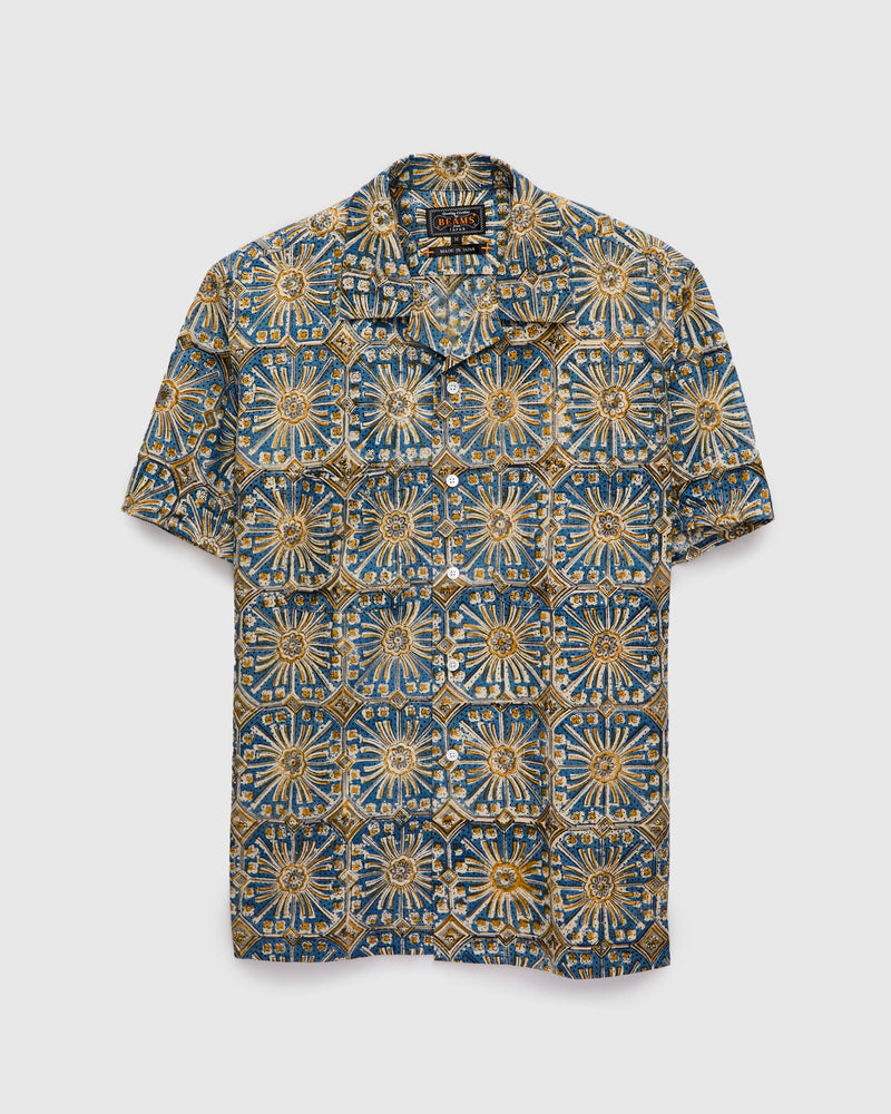 Floral Stamp Block Print Open Collar Shirt in Yellow