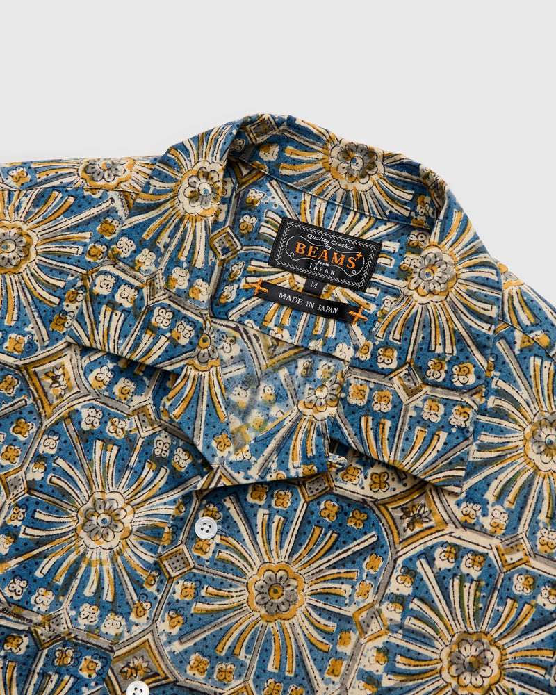 Floral Stamp Block Print Open Collar Shirt in Yellow