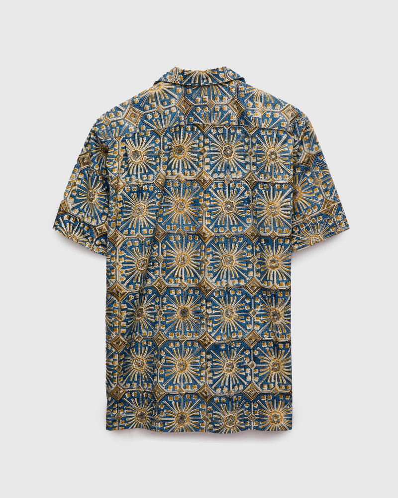 Floral Stamp Block Print Open Collar Shirt in Yellow
