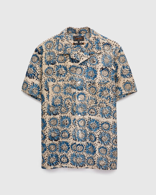 Sun Flower Block Print Open Collar Shirt in Blue
