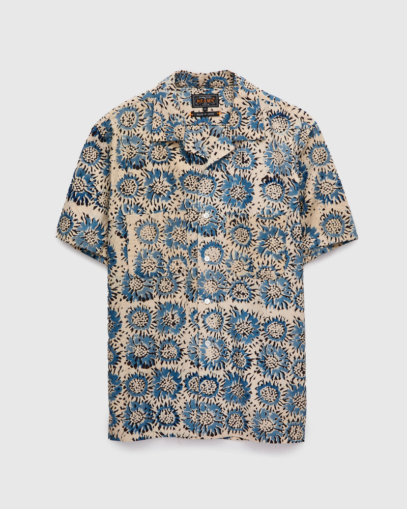 Sun Flower Block Print Open Collar Shirt in Blue