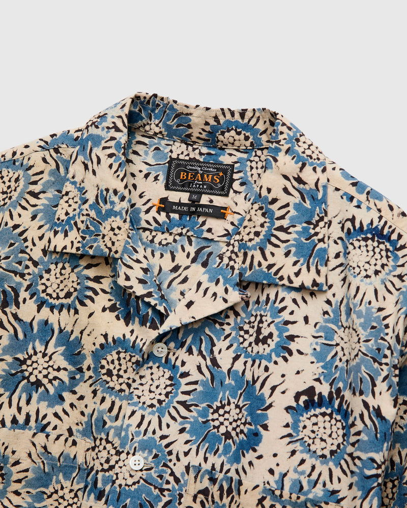 Sun Flower Block Print Open Collar Shirt in Blue