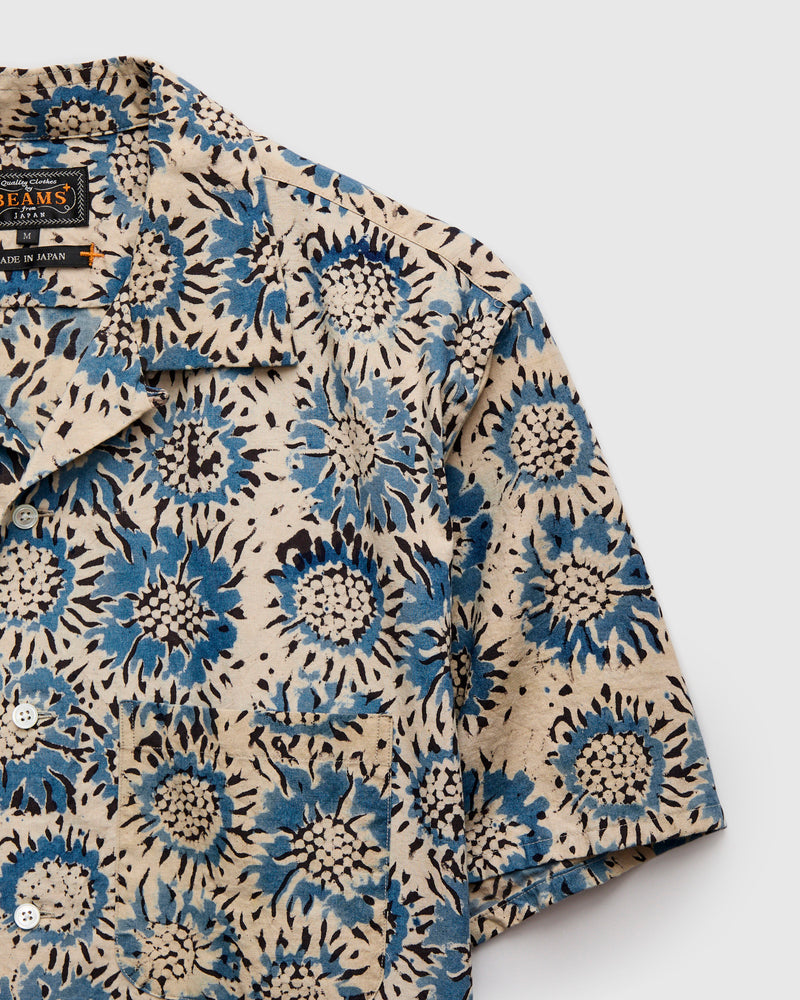 Sun Flower Block Print Open Collar Shirt in Blue