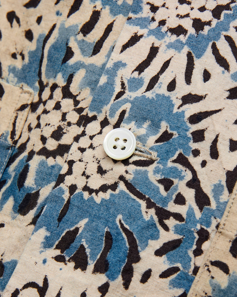 Sun Flower Block Print Open Collar Shirt in Blue
