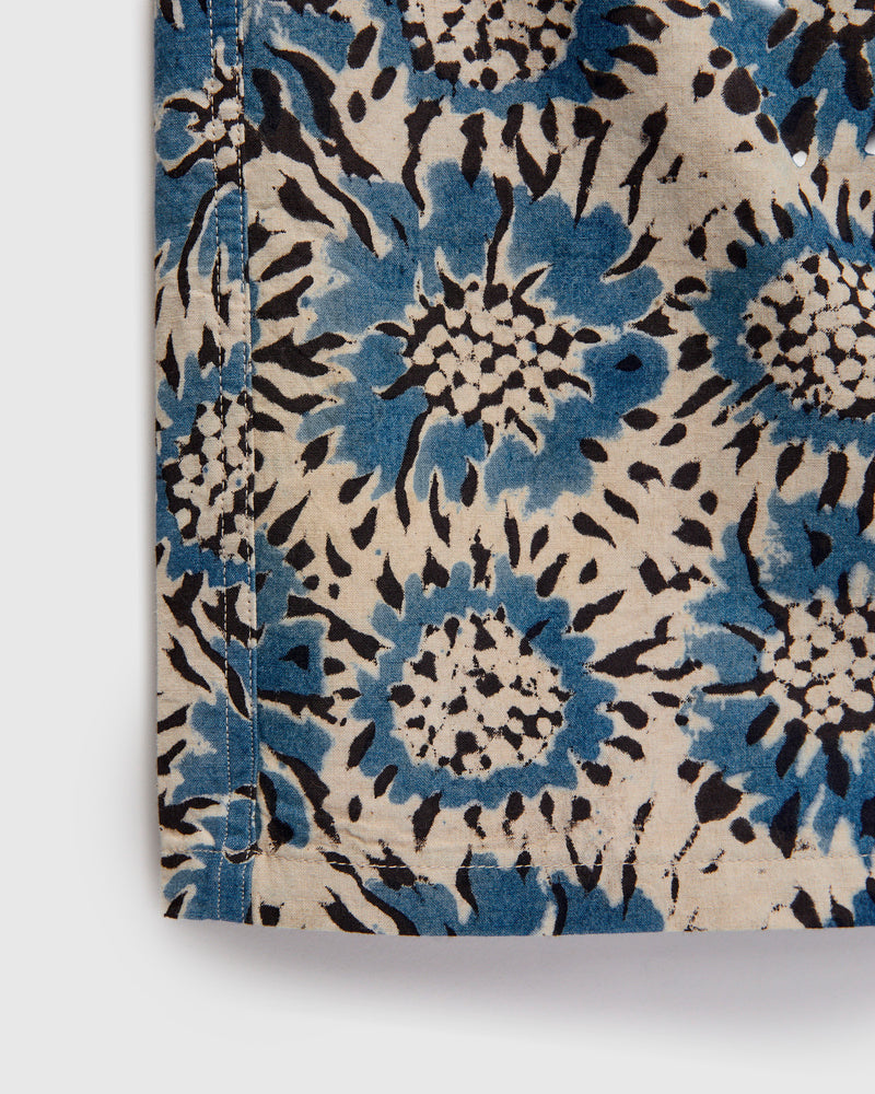Sun Flower Block Print Open Collar Shirt in Blue