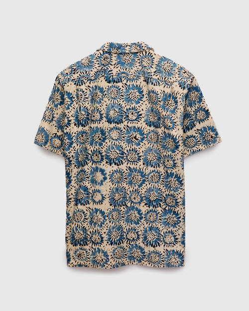 Sun Flower Block Print Open Collar Shirt in Blue