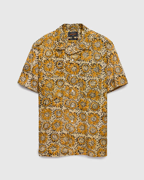 Sun Flower Block Print Open Collar Shirt in Yellow