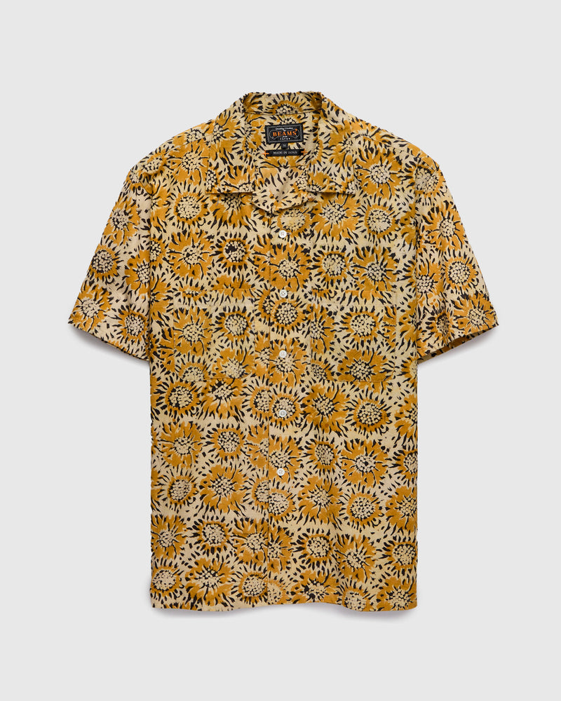 Sun Flower Block Print Open Collar Shirt in Yellow