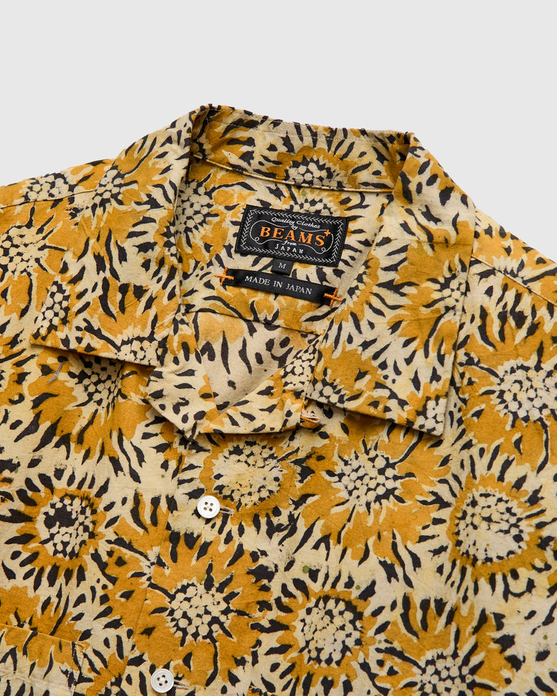 Sun Flower Block Print Open Collar Shirt in Yellow