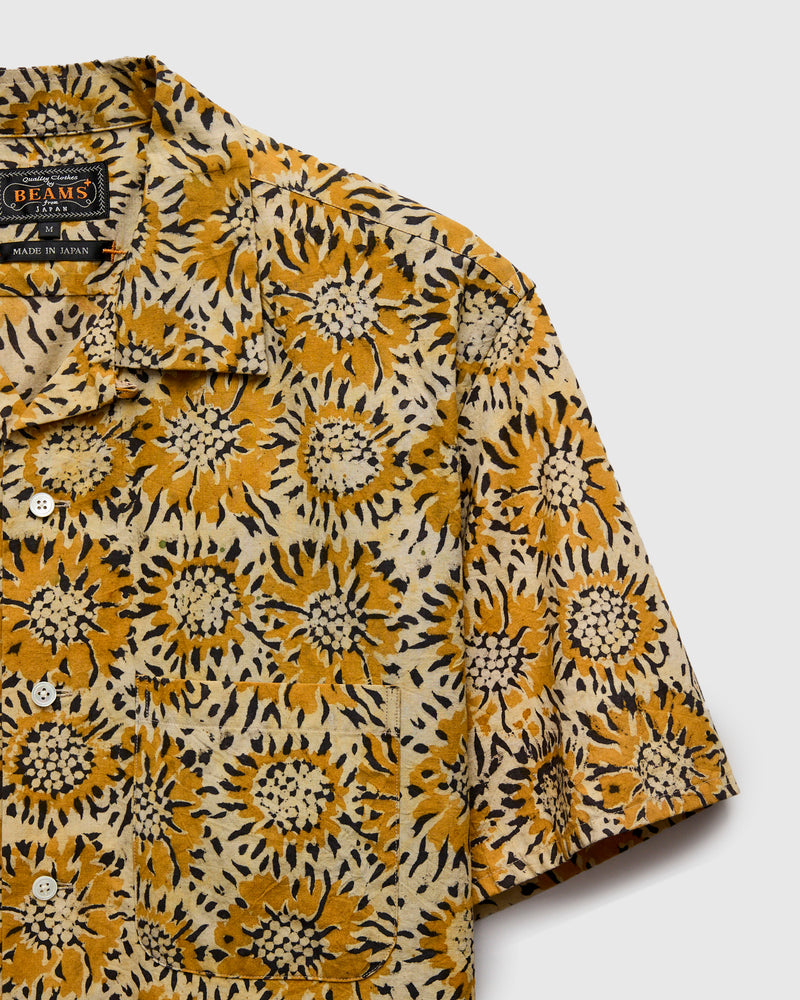 Sun Flower Block Print Open Collar Shirt in Yellow