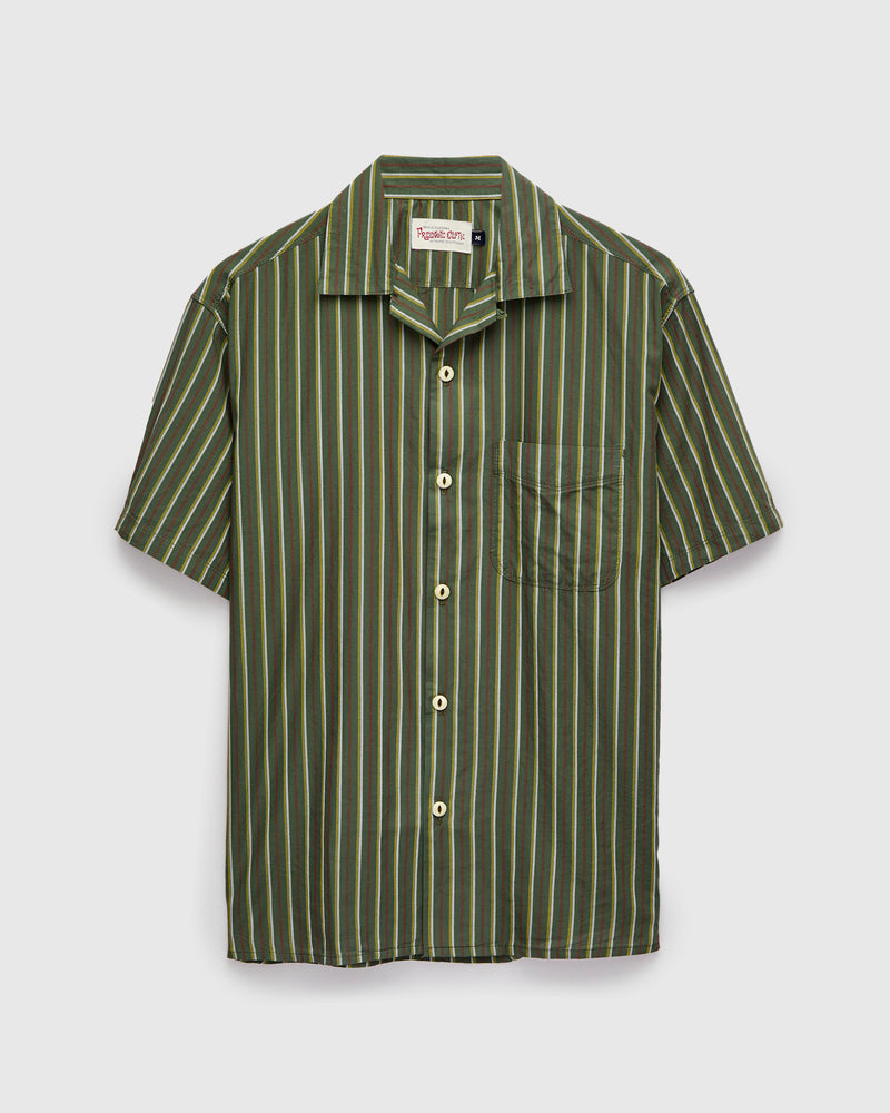 Cotton Silk Hawaiian Shirt in Olive Stripe