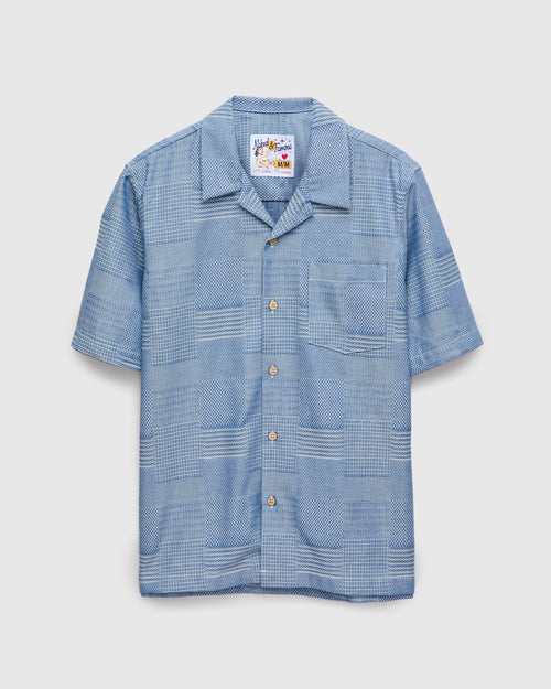 "Dobby Patchwork" Aloha Shirt in Pale Indigo
