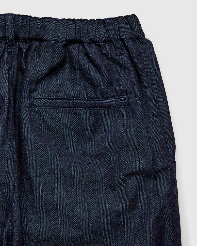 Linen Herringbone Pleated Knee Trousers in Indigo