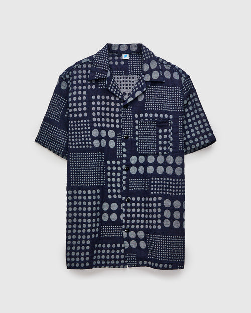 "Random Dots" Jacquard Open Collar Shirt in Indigo
