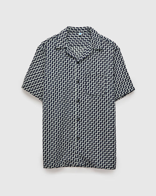 "Saw" Jacquard Open Collar Shirt in Indigo