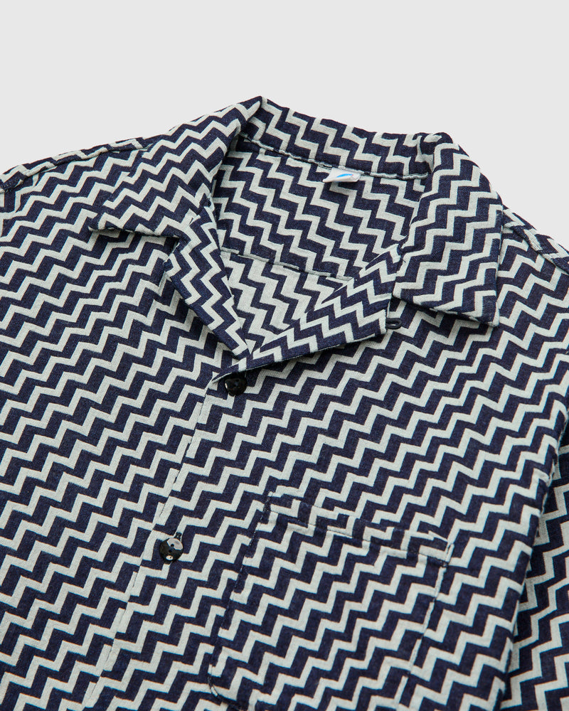 "Saw" Jacquard Open Collar Shirt in Indigo