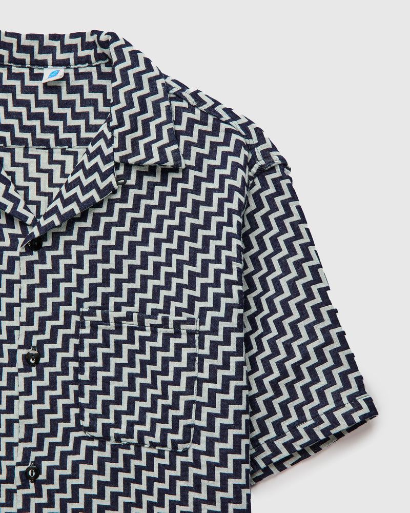 "Saw" Jacquard Open Collar Shirt in Indigo
