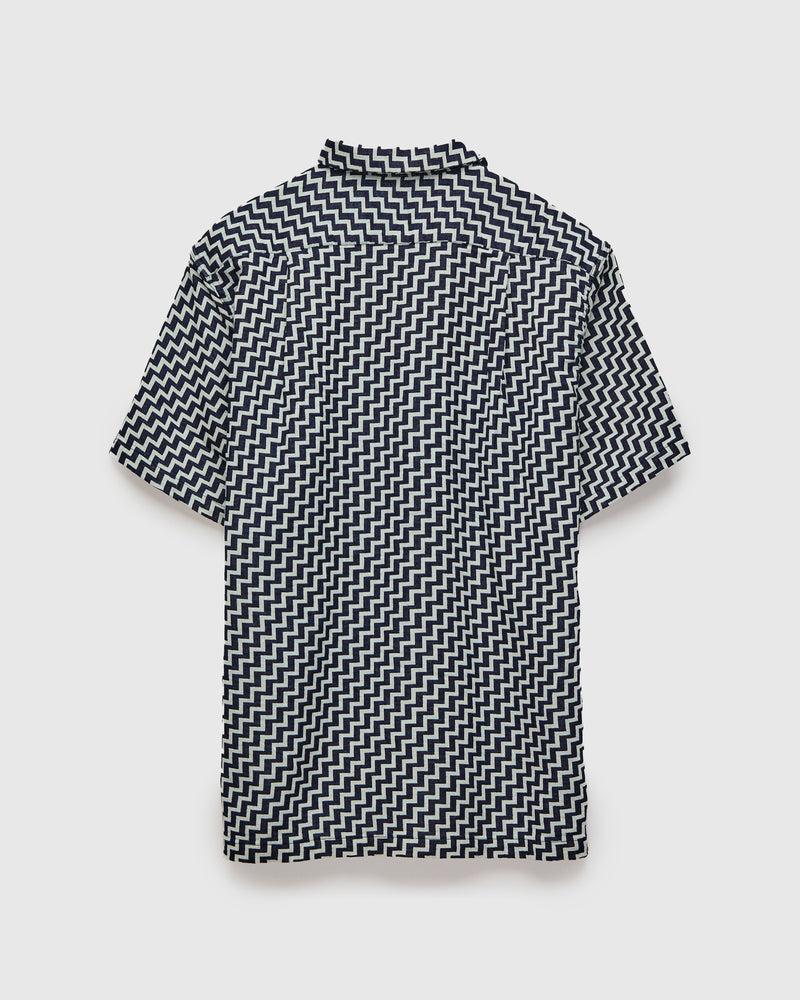 "Saw" Jacquard Open Collar Shirt in Indigo