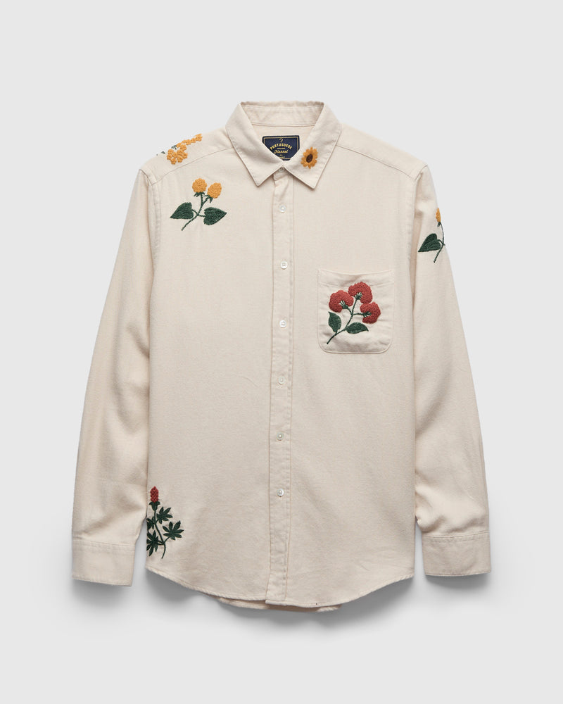 Embroidery Flannel Button-Up Shirt in White